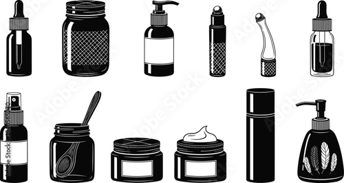 Skincare and Cosmetic Packaging Vector Icons Set Featuring Dropper Bottles Glass Jars Pump Dispensers Spray Bottles Rollers and Cream Containers