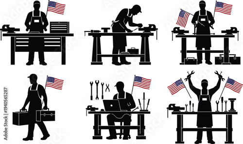 American Worker Silhouettes Collection Featuring Craftsman at Workbench With USA Flags Tools Toolboxes Labor Day Concept and Patriotic Industry Icons