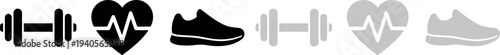 A professional icon set featuring three essential fitness symbols: a dumbbell for strength training, a heart with an ECG line representing cardiovascular health, and a running shoe for athletics