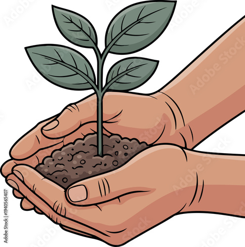 Human hands holding soil with a green seedling plant