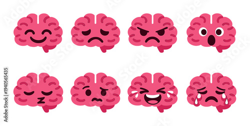 Pink brain icons showing eight facial expressions on pink background