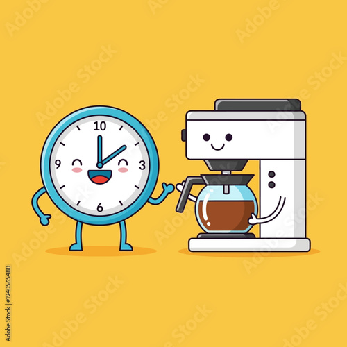 Happy Clock Character and Coffee Maker with Coffee, Morning Routine Concept