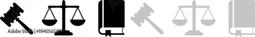 A detailed collection of essential legal system icons, including a judge's gavel, scales of justice, and a law book, offered in both solid and striped vector designs, perfect for legal services