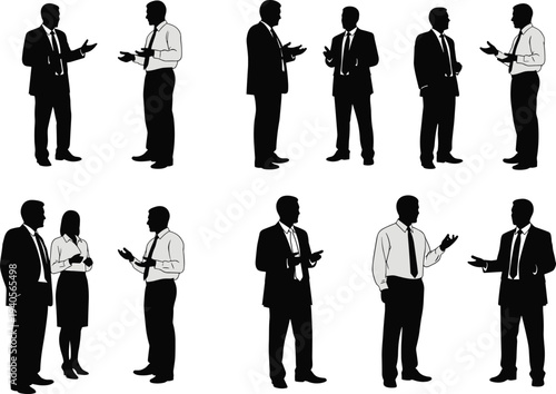 Professional business people silhouettes set featuring corporate men and women in suits talking, networking, and communicating during a meeting or office presentation.