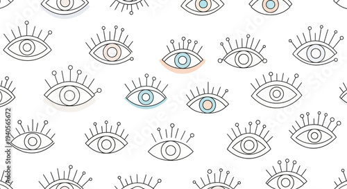 Seamless Pattern of Stylized Eyes with Pastel Accents in Minimalist Line Art