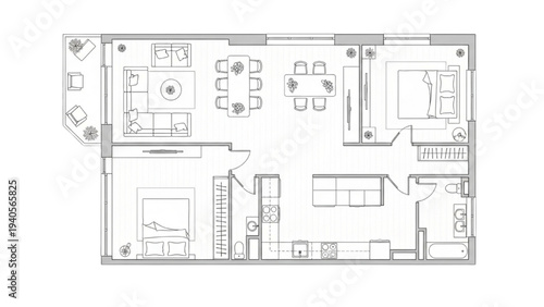 High Quality Black Line Art Contemporary Apartment Floor Plan, Fully Furnished Two Bedroom Layout, Top View Architectural Blueprint Illustration