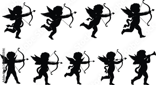 Set of romantic cupid silhouettes featuring baby angels with bows and arrows for Valentine's Day decorations, wedding invitations, and love themed graphic design projects.