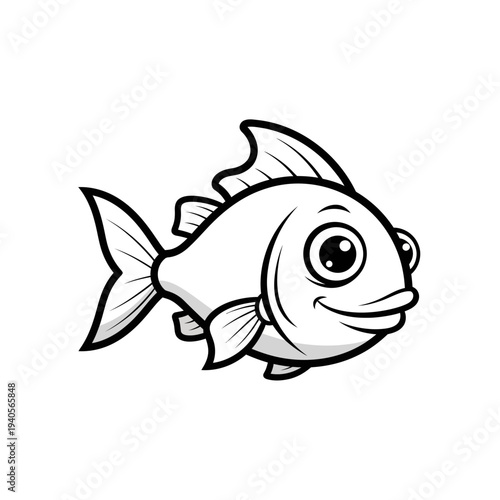 Cute cartoon fish, black and white illustration, isolated on white background, simple design