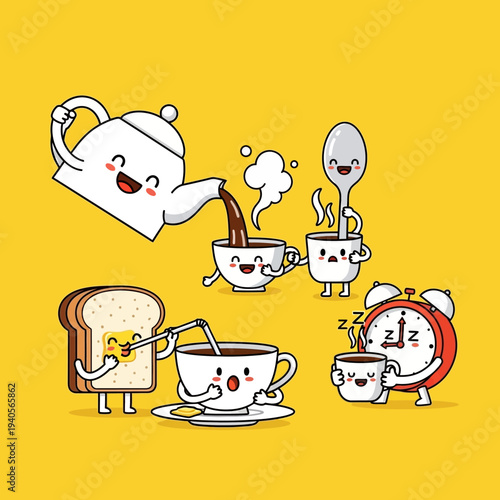 Cute Kawaii Breakfast Characters: Coffee, Toast, Tea, and Alarm Clock