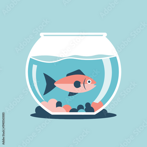 Cute Orange Fish Swimming in a Round Glass Bowl with Colorful Pebbles