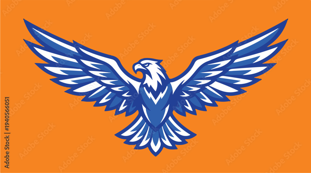 Fototapeta premium Majestic Blue Eagle Spreading Wings on Orange Background.