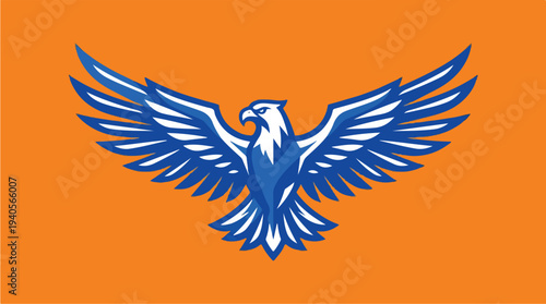 Majestic Blue Eagle Spreading Wings on Orange Background.