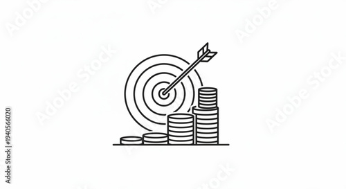 Business target with arrow hitting bullseye near stacked coins symbolizing financial success and investment goals