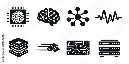 Technology icons illustrating ai and hardware on dark background