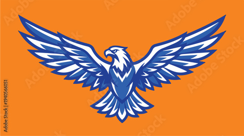 Majestic Blue Eagle Spreading Wings on Orange Background.