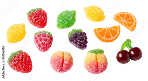 assorted fruit flavored gummy candies scattered on a white background