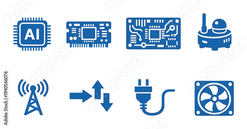 Blue technology icons of ai modules connectivity and power on dark
