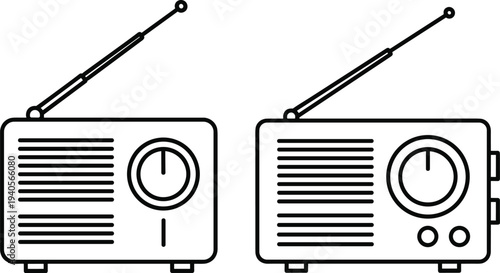 Retro radio line icon set featuring vintage transistor receivers with antennas for broadcasting, news, music media, and classic telecommunication equipment graphic design.