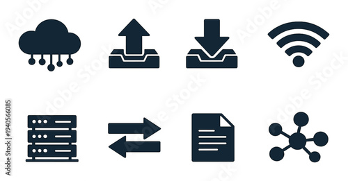 Cloud and network icons showing upload download on dark background