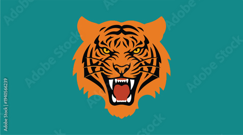 Fierce Tiger Head Emblem on Teal Background.