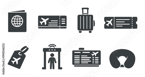 Travel and airport icons illustrating tickets luggage and security