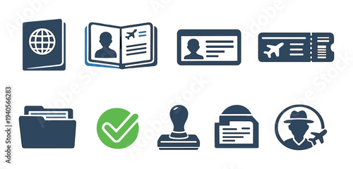 Passport and identification icons with approval and border control