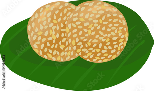 Thai Crispy Sesame Ball Snack on Banana Leaf Texture