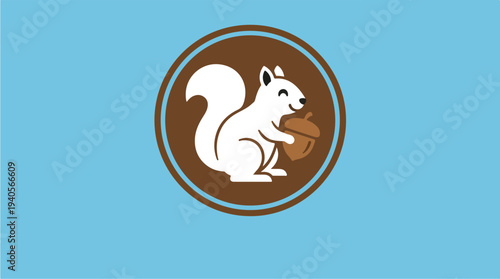 Cute White Squirrel Holding an Acorn in a Circle Logo.