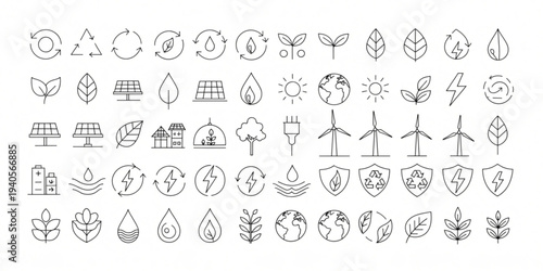 Collection of sustainable energy and eco-friendly line icons illustrating environmental conservation, renewable resources, and ecological responsibility for modern design projects