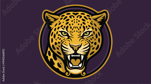 Fierce Jaguar Head Emblem with Roaring Mouth and Golden Accents.