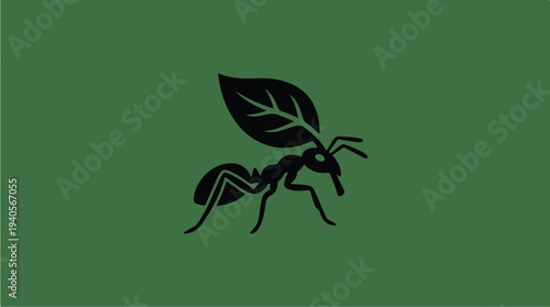 Minimalist Ant Carrying Leaf Icon on Green Background.