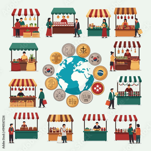 Global Marketplace: Diverse Stalls, International Coins, and Earth Illustration