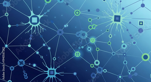 A vector graphic illustration of a neural network with interconnected nodes and lines on a blue background