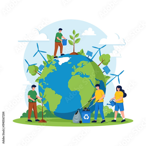 People planting trees and cleaning up earth with renewable energy sources like wind turbines and solar panels