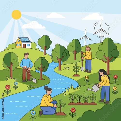 People planting trees and gardening in a sustainable landscape with wind turbines and solar panels