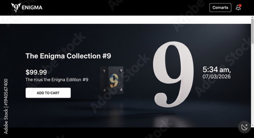 The enigma collection number 9 displayed on a dark background with a clock and price tag