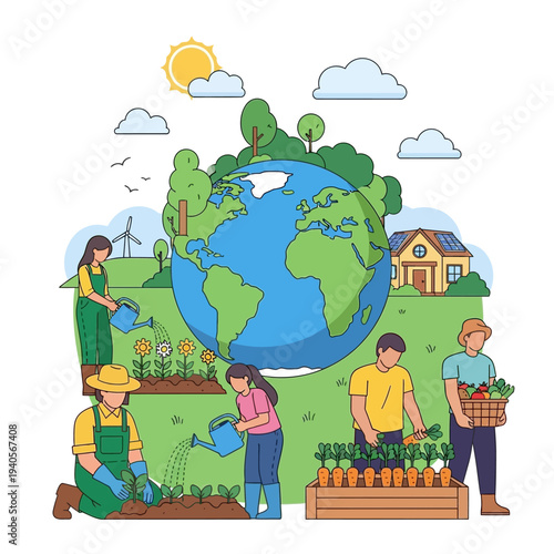 Sustainable farming and eco-friendly agriculture around the globe, people tending to plants