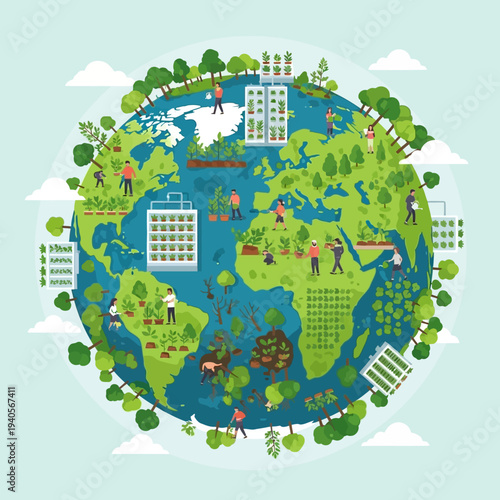 Sustainable Earth Farming: People Cultivating Plants on a Green Planet