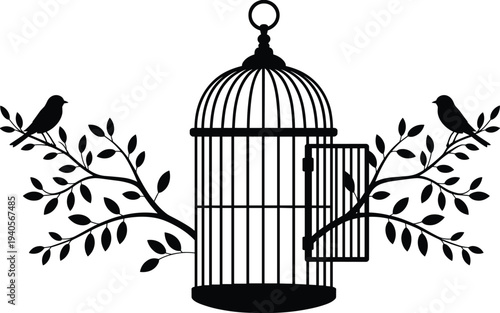 Black and white of a birdcage with two birds perched on branches and one bird inside the cage