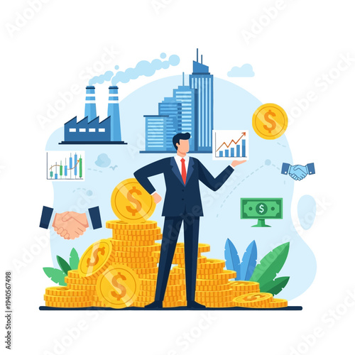 Businessman standing on stack of gold coins with factory and skyscrapers background, business growth concept