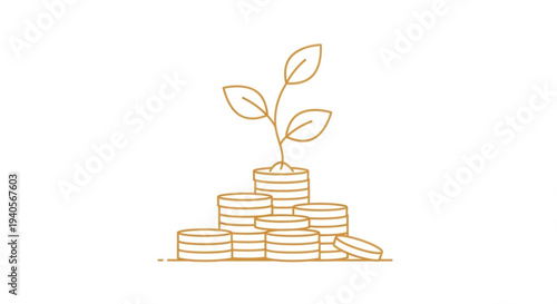 Growing investment concept with coins stacked and a sprouting plant symbolizing financial growth and prosperity in a simple line art illustration