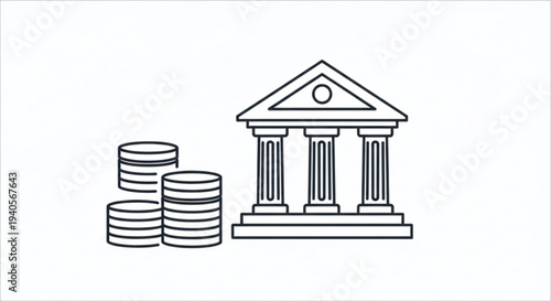 Bank building with columns and stacked coins symbolizing finance and banking money and economy