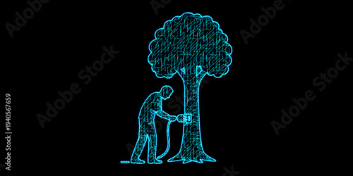 Renewable Energy Concept with Human Silhouette Plugging into Tree in Blue Digital Mesh Wireframe Style for Sustainable Technology