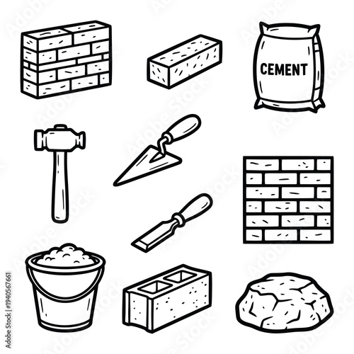 Masonry Construction Tools and Building Materials Sketch
