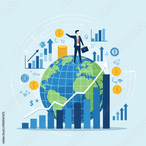 Global business growth, businessman on earth with financial charts, coins, and upward arrows