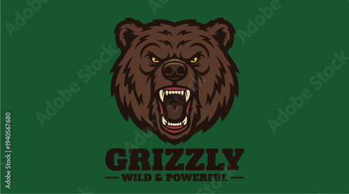 Fierce Grizzly Bear Head Roaring Aggressively with Text.