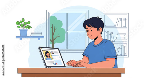 A young man working on his laptop in a modern home office with a window and bookshelf