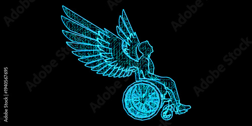Inclusive Technology Concept with Person in Wheelchair and Large Wings in Blue Digital Mesh Wireframe Style for Disability Empowerment and Assistive Innovation