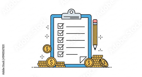 Financial checklist with clipboard pencil coins and money stacks symbolizing business finance management and accounting tasks