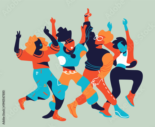Four stylized figures in dynamic dance poses; bold contrasting colors. Geometric patterns on clothing; a light blue background that makes the colors pop.